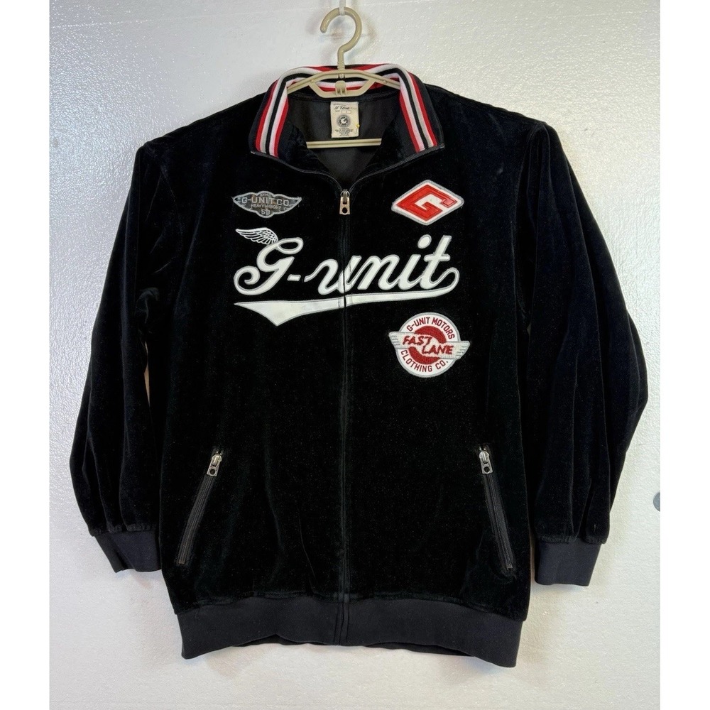 Vtg Y2K G-Unit Track Jacket Mens Sz L Black Velour Heavy Weight 50 Patches
